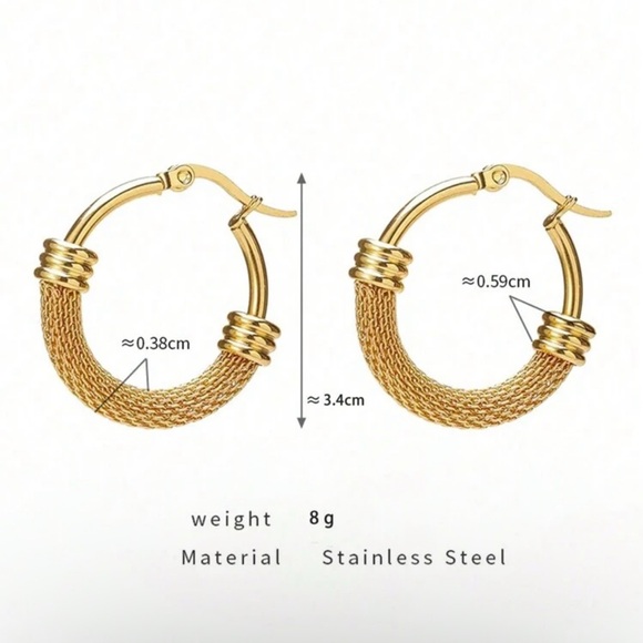 Gold Plated Stainless Steel Textured Hoop Earrings - Picture 5 of 5